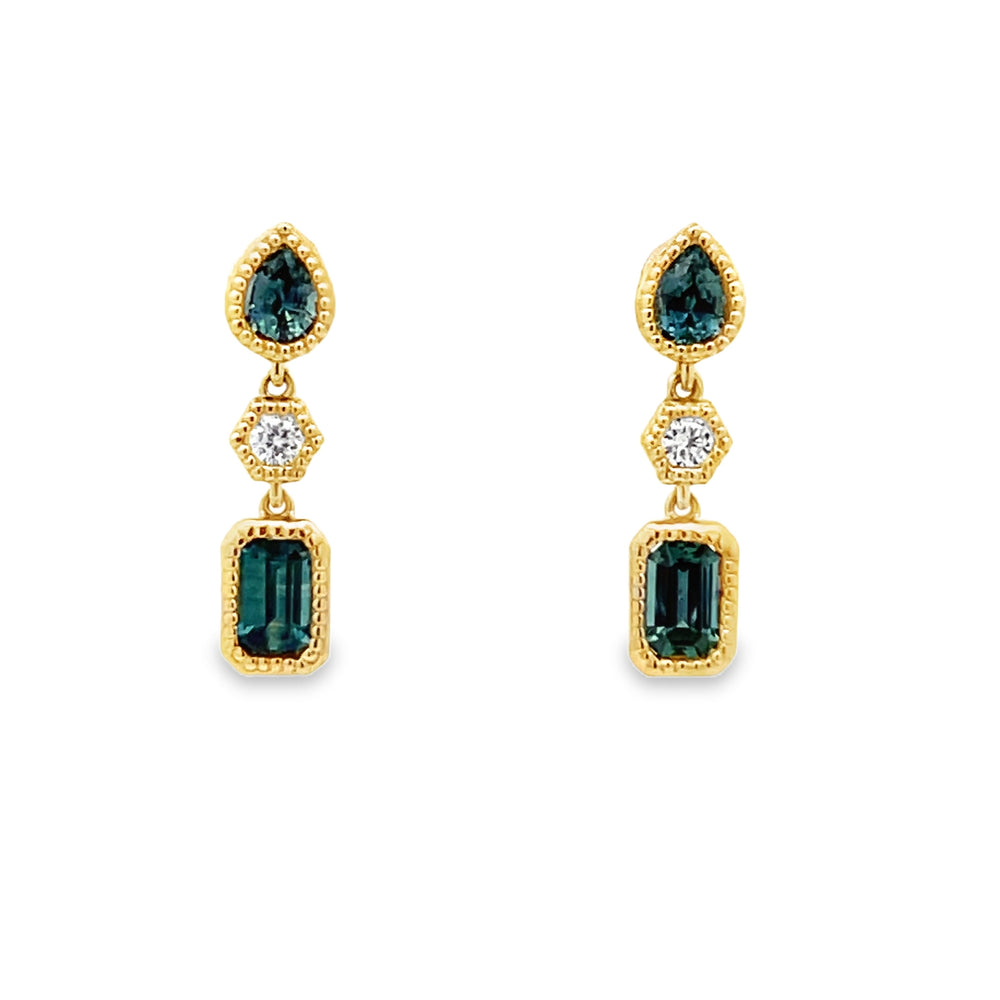 14k Yellow Gold Montana Sapphire and Diamond Bezel Set Drop Earrings (1.07ctw.)