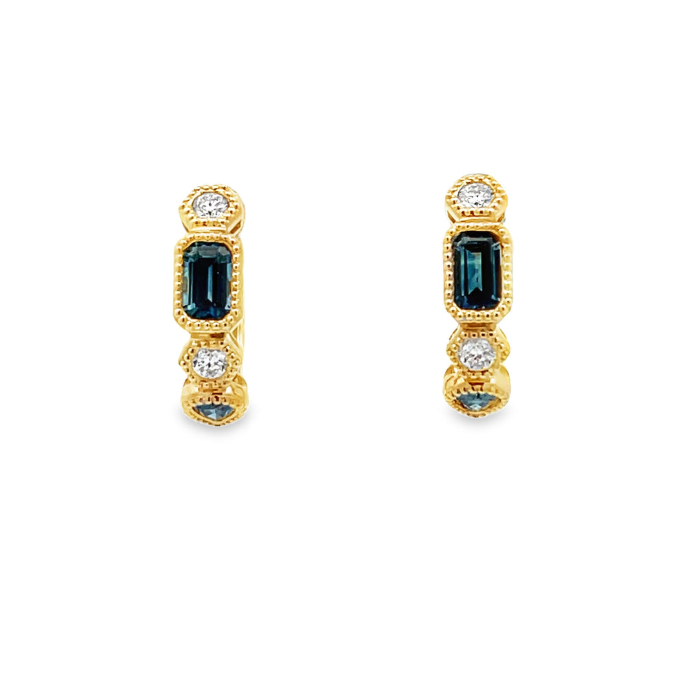 14k Yellow Gold Montana Sapphire and Diamond Bezel Set Hoop Earrings (1.05ctw.)