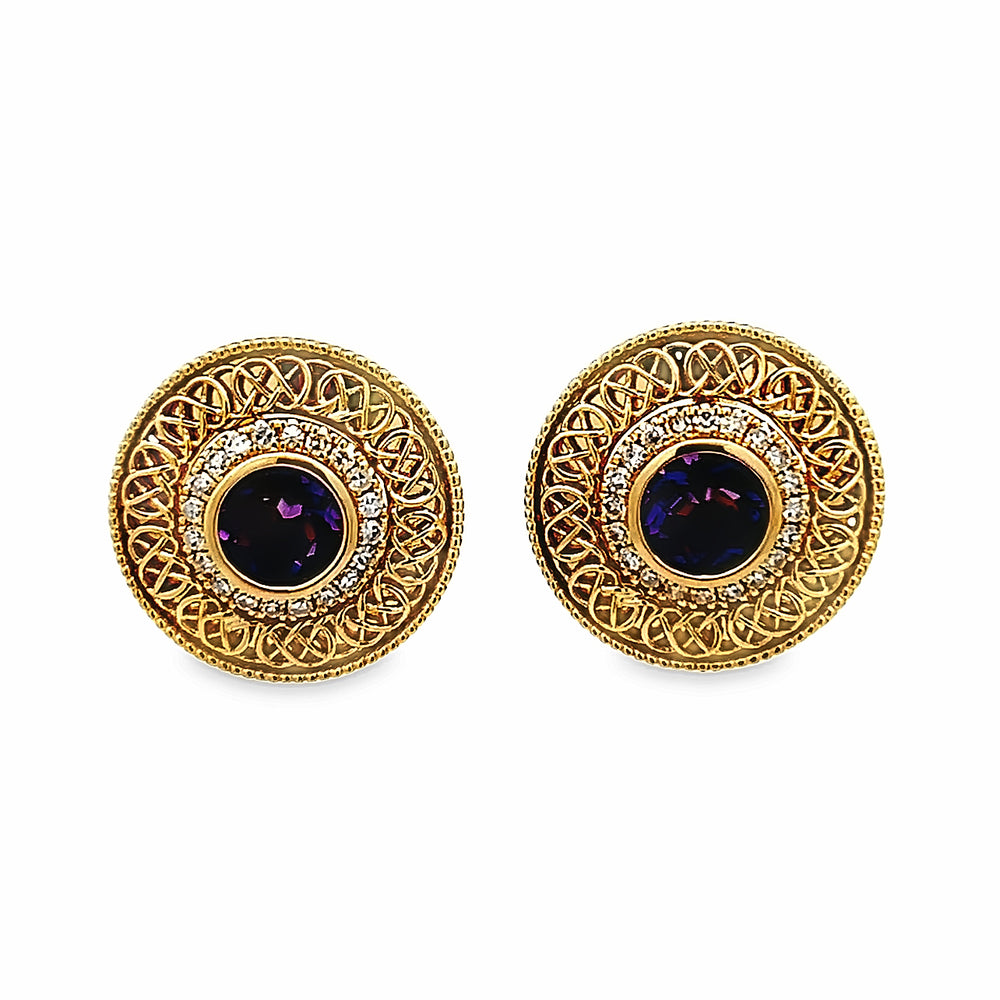 14k Yellow Gold Amethyst and Diamond Bezel Set Earrings (0.91ctw.)