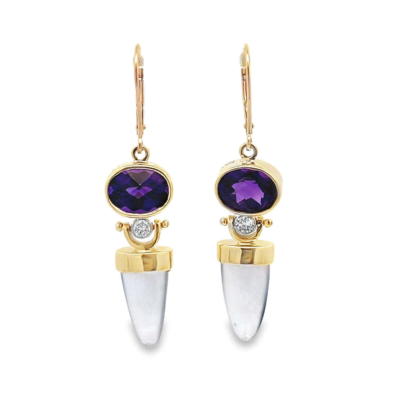 14k Yellow Gold Oval Amethyst and Chalcedony Drop Earrings by Paul Richter