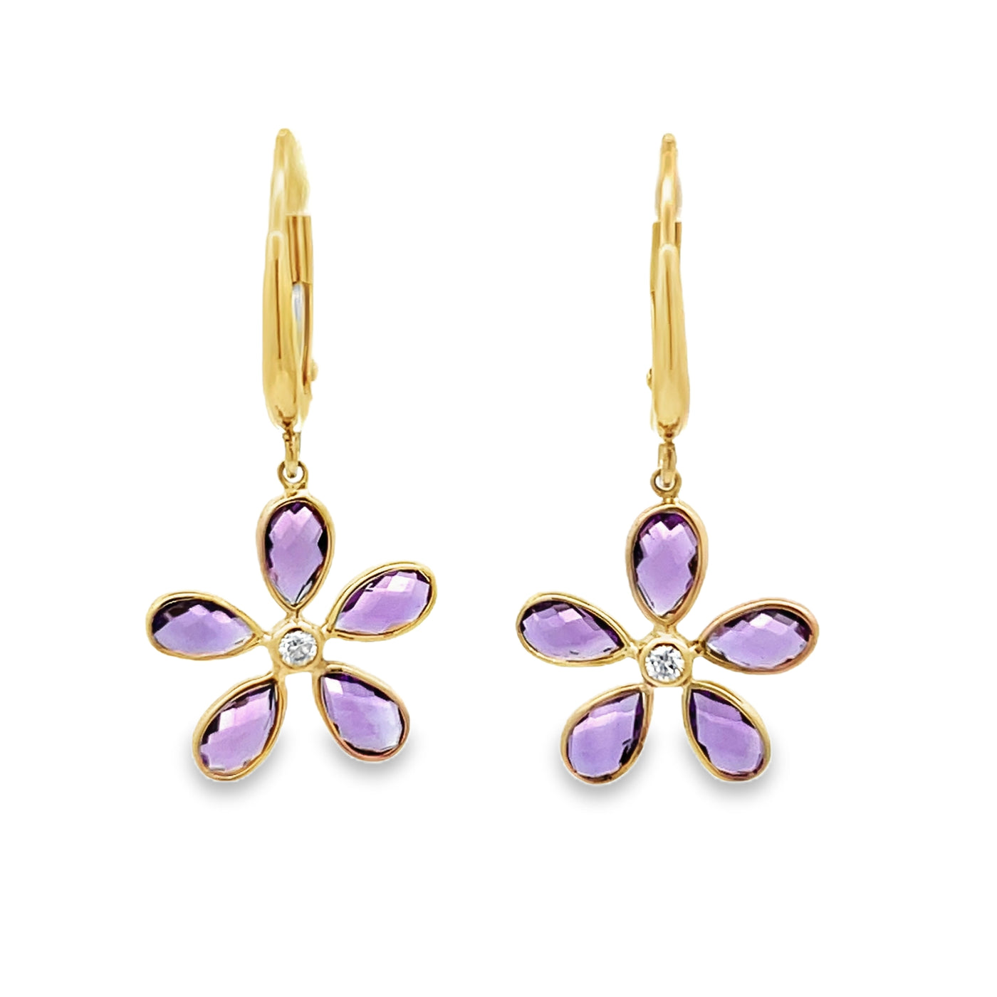 14k Yellow Gold Pear Shape Amethyst and Round Diamond Bezel Set Flower Earrings (5x3mm)