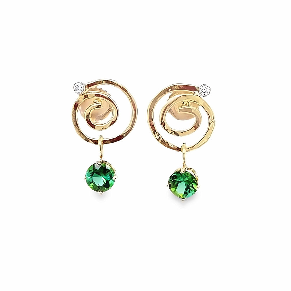 14k Yellow Gold Round Green Tourmaline and Diamond Spiral Earrings by Paul Richter (1.61ctw.)