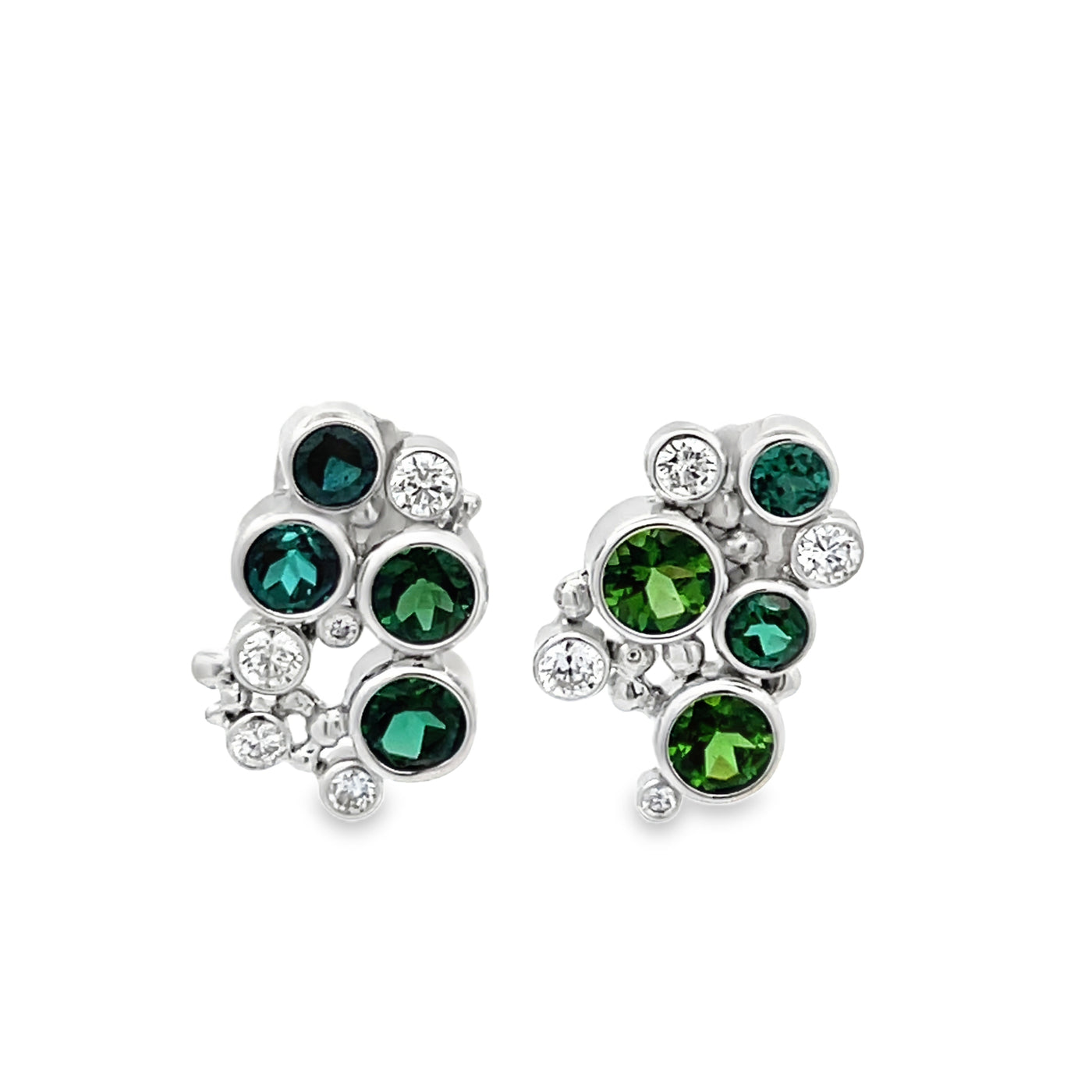 14k White Gold Round Green Tourmaline and Diamond Bezel Set Earrings by Paul Richter (1.65ctw.)