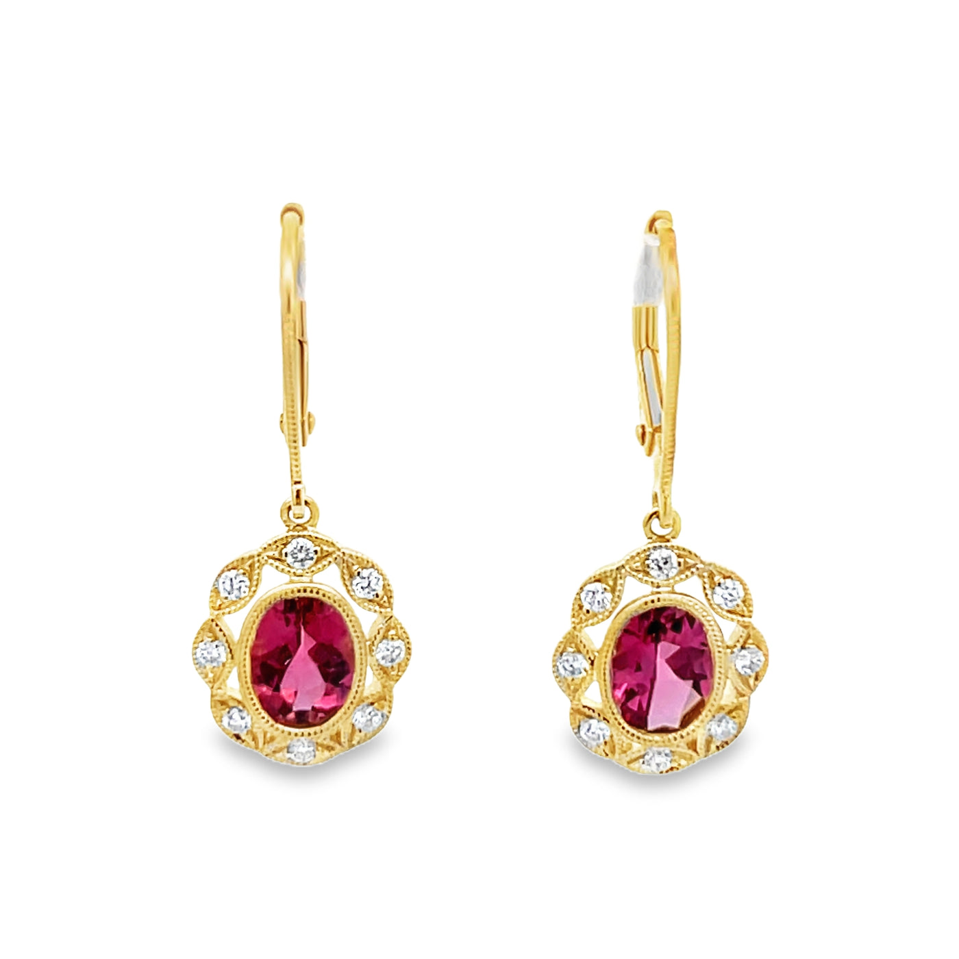 14k Yellow Gold Oval Pink Tourmaline and Round Diamond Halo Drop Earrings (1.44ctw.)