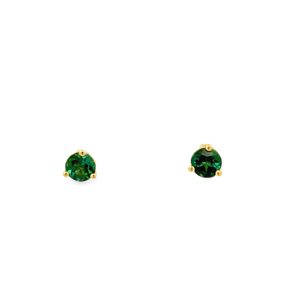 18k Yellow Gold Round Brilliant Cut Green Tourmaline Prong Set Stud Earrings (0.52ctw.)