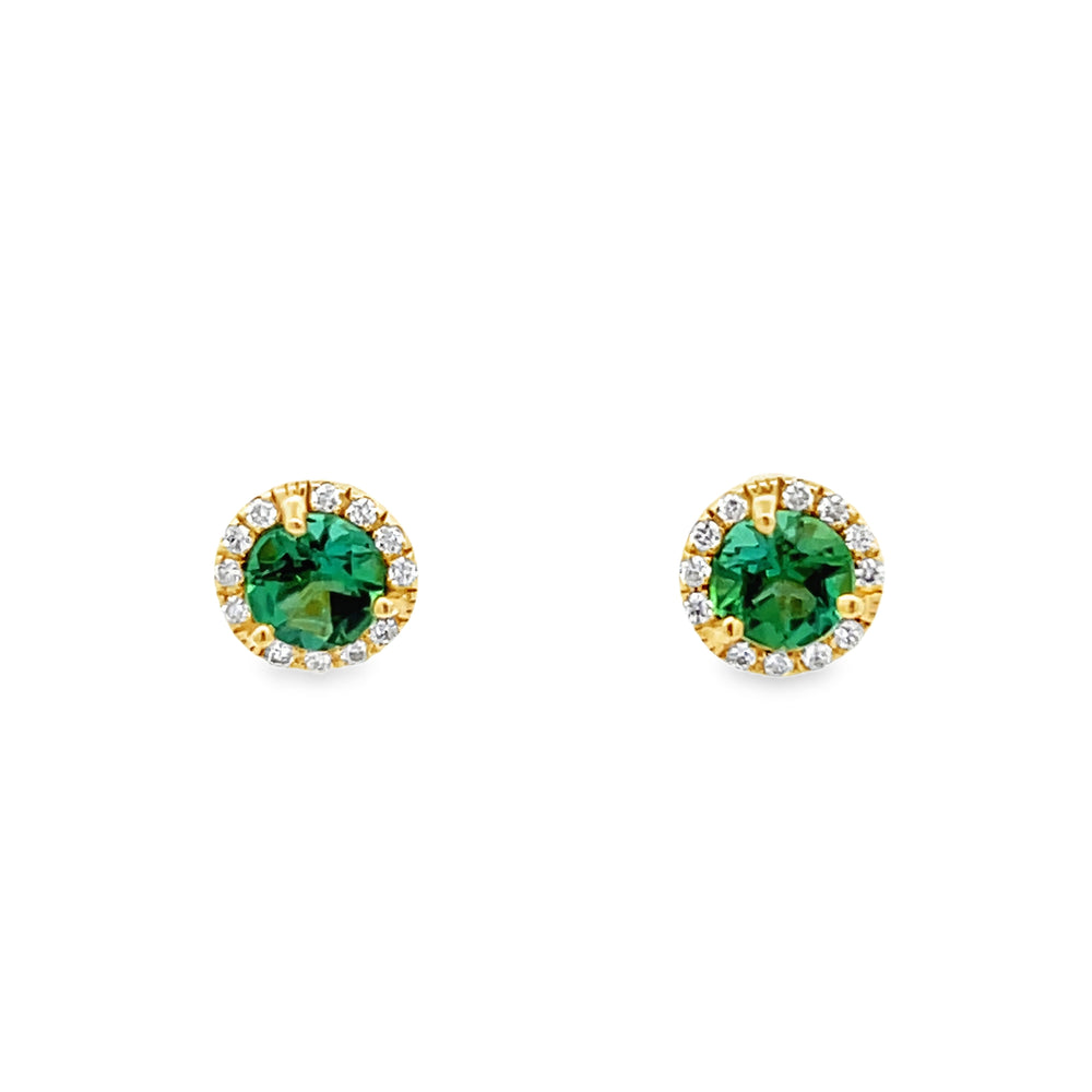 18k Yellow Gold Round Green Tourmaline and Diamond Prong Set Halo Earrings (1.11ctw.)
