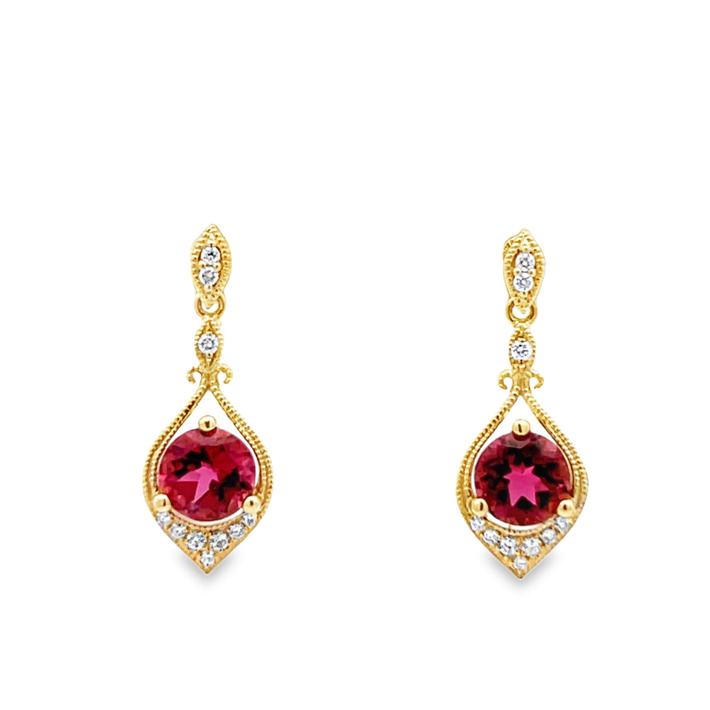14k Yellow Gold Round Pink Tourmaline and Diamond Teardrop Earrings (1.08ctw.)