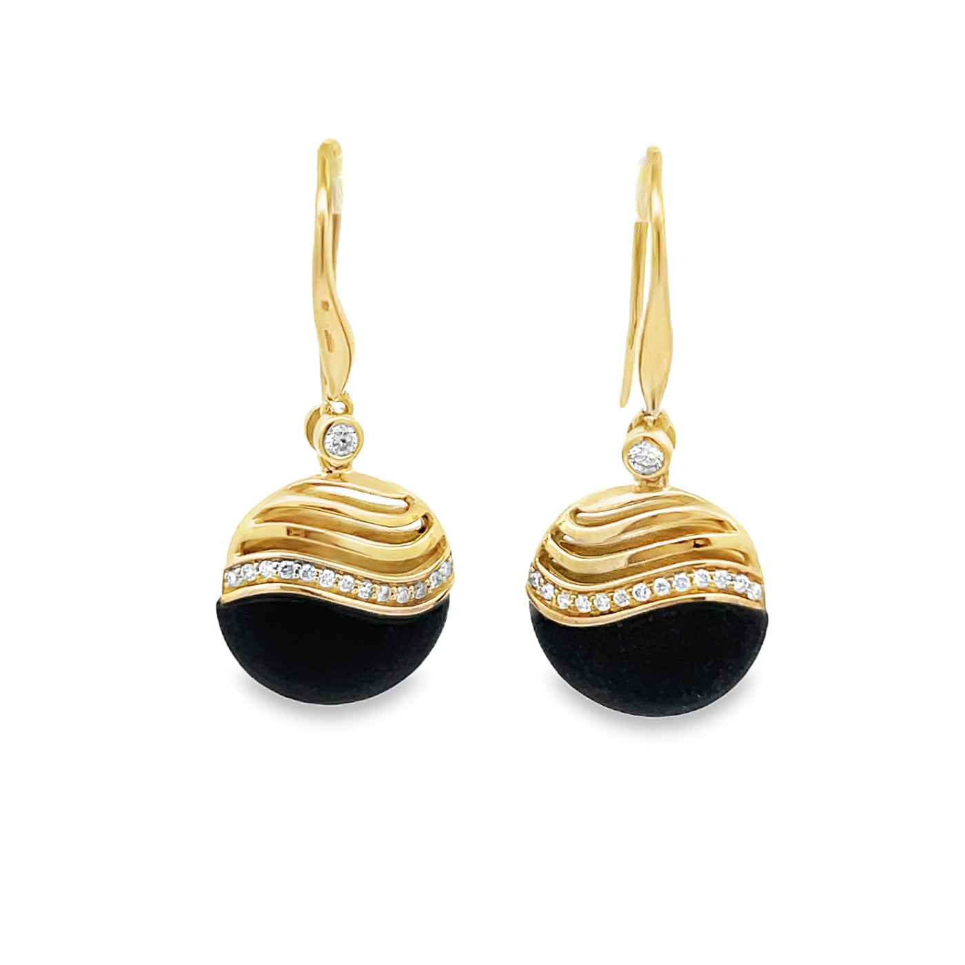 14k Yellow Gold Wave Matte Black Onyx and Round Diamond Drop Earrings (0.16ctw)