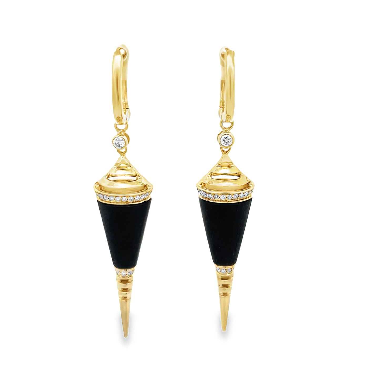 14k Yellow Gold Matte Black Onyx and Round Diamond Drop Earrings (0.34ctw.)