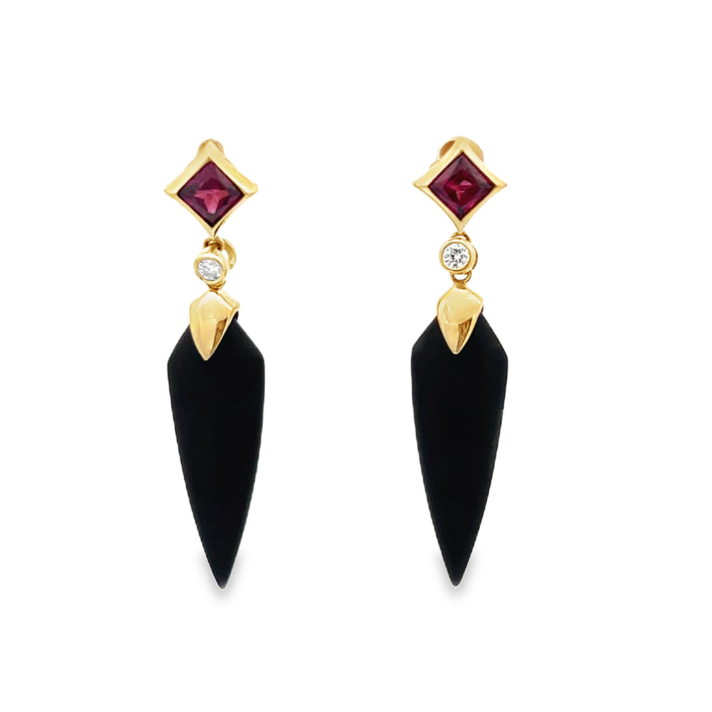 14k Yellow Gold Shield Matte Black Onyx, Garnet and Round Diamond Drop Earrings (0.05ctw.)