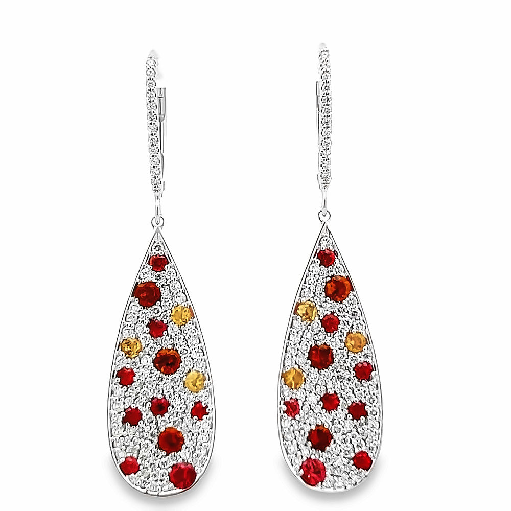14k White Gold Round Sapphire, Citrine and Diamond Pave Set Teardrop Earrings (0.97ctw.)