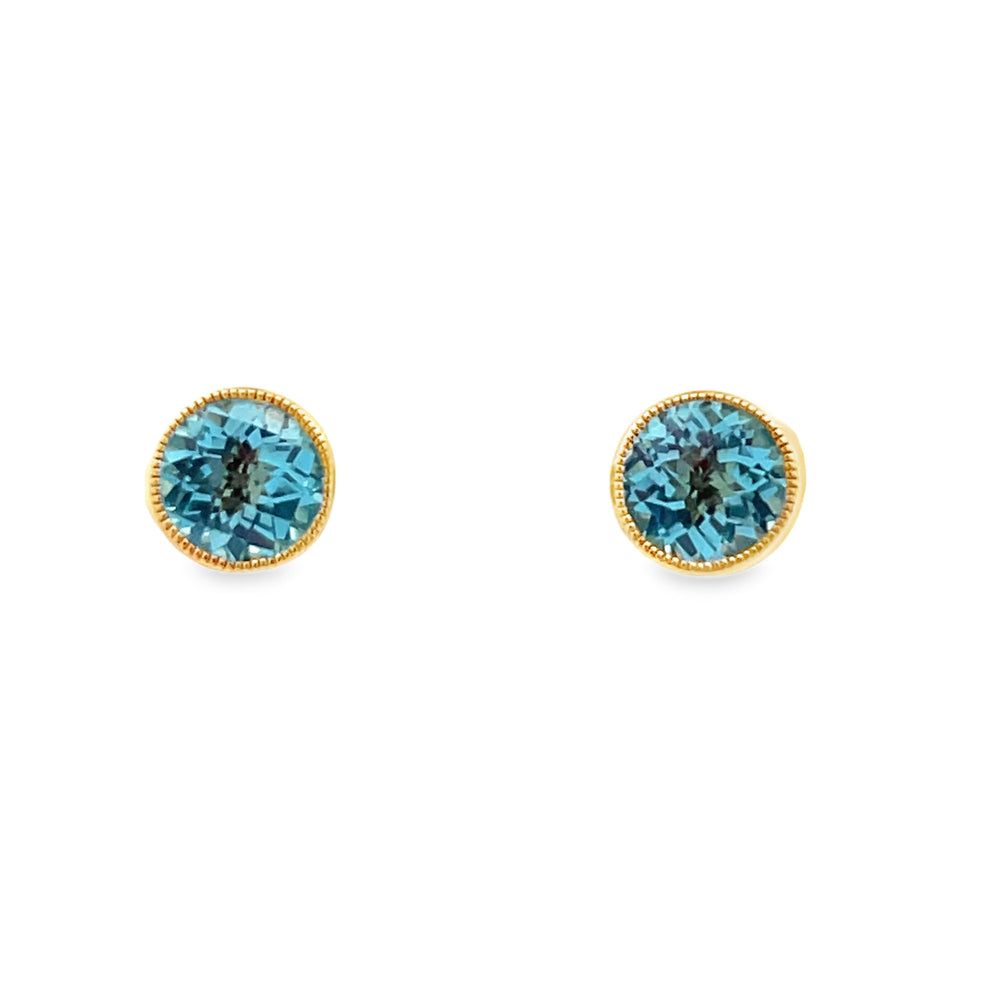 14k Yellow Gold Round Blue Topaz Bezel Set Stud Earrings (1.96ctw.)