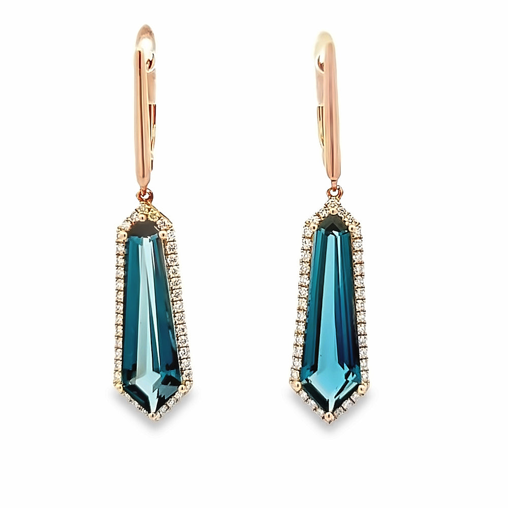 14k Rose Gold Shield Cut London Blue Topaz and Round Diamond Halo Drop Earrings (6.06ctw.)