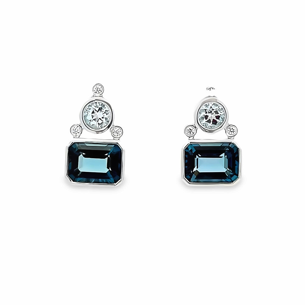 14k White Gold Emerald Cut and Round Blue Topaz Bezel Set Earrings (3.96ctw)
