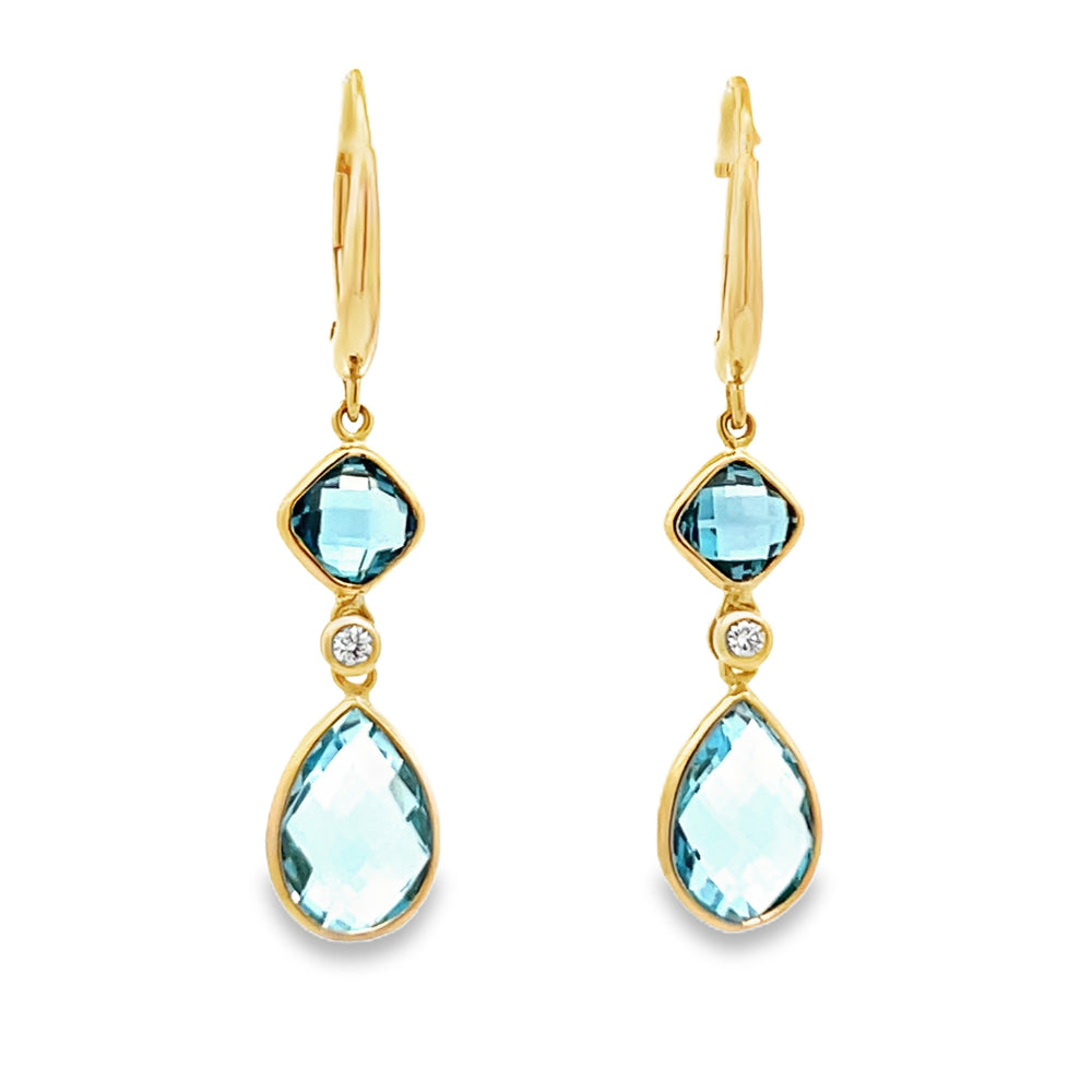 14k Yellow Gold Briolette Blue Topaz and Round Diamond Bezel Set Drop Earrings