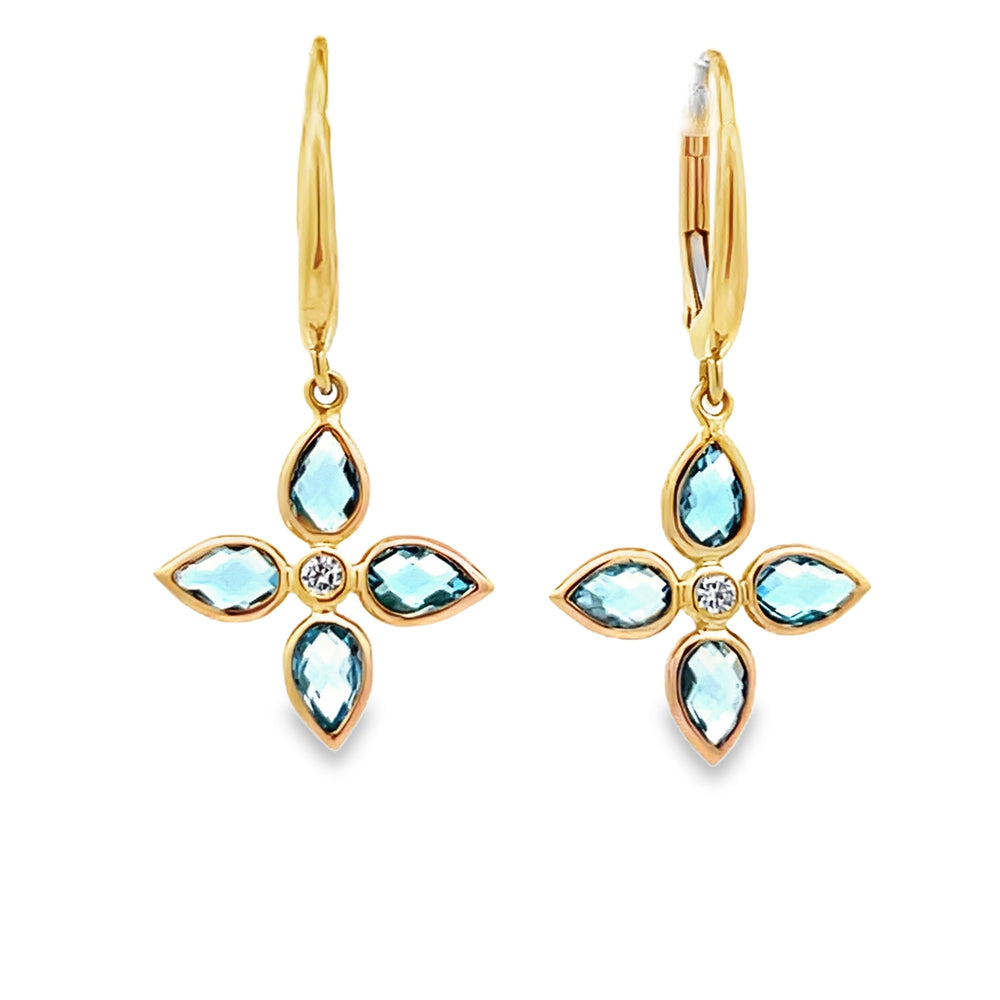 14k Yellow Gold Pear Shape Blue Topaz and Round Diamond Bezel Set Flower Earrings