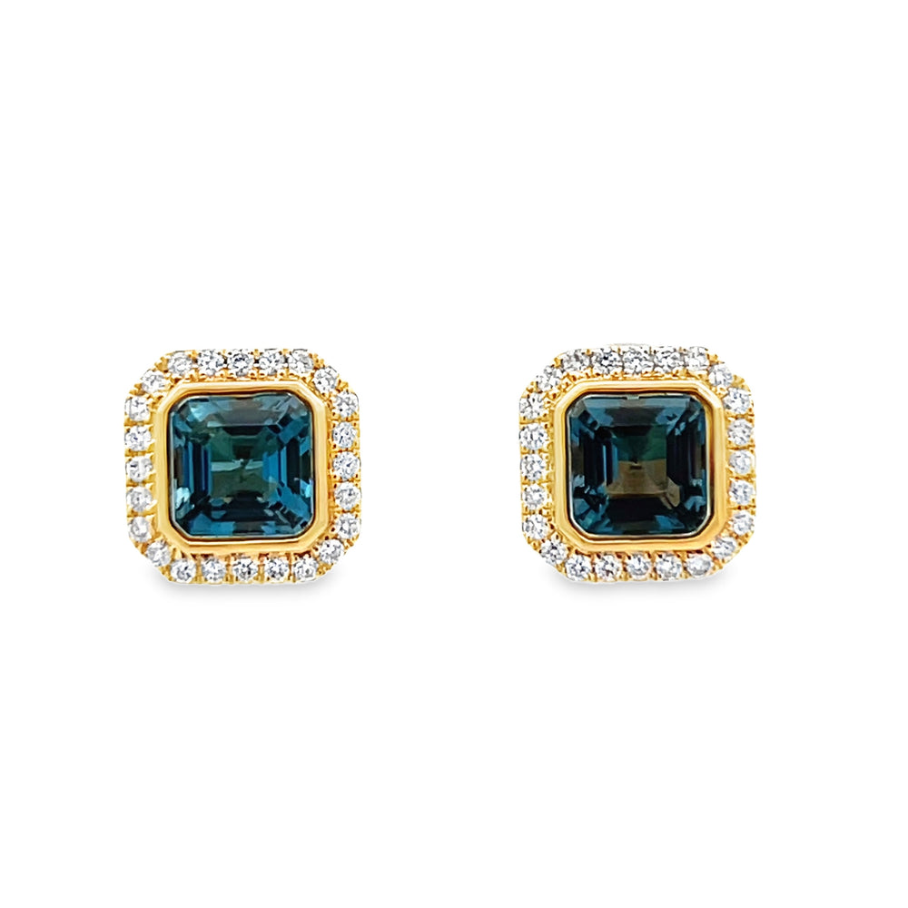 18k Yellow Gold Square Blue Topaz and Diamond Halo Earrings (2.55ctw.)