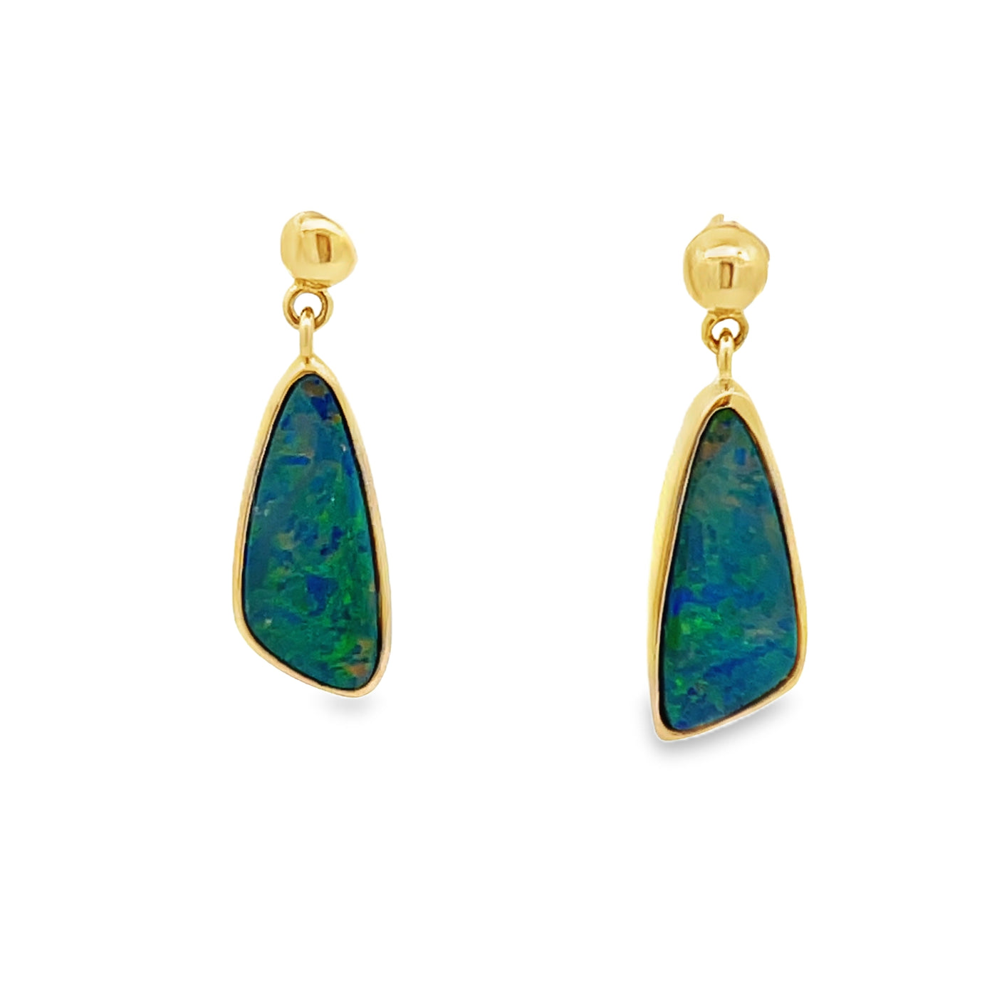 14k Yellow Gold Triangular Opal Doublet Bezel Set Dangle Earrings (3.76ctw.)