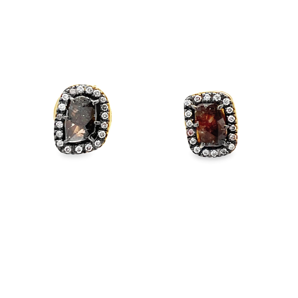 18k Yellow Gold Brown and White Diamond Halo Earrings (0.75ctw.)