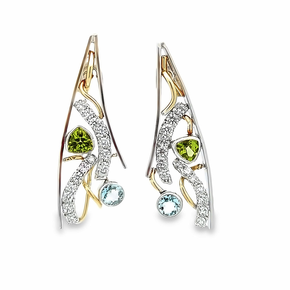 Custom 14k Two-Tone White and Yellow Gold Peridot, Aquamarine and Diamond Racine Earrings by Paul Richter