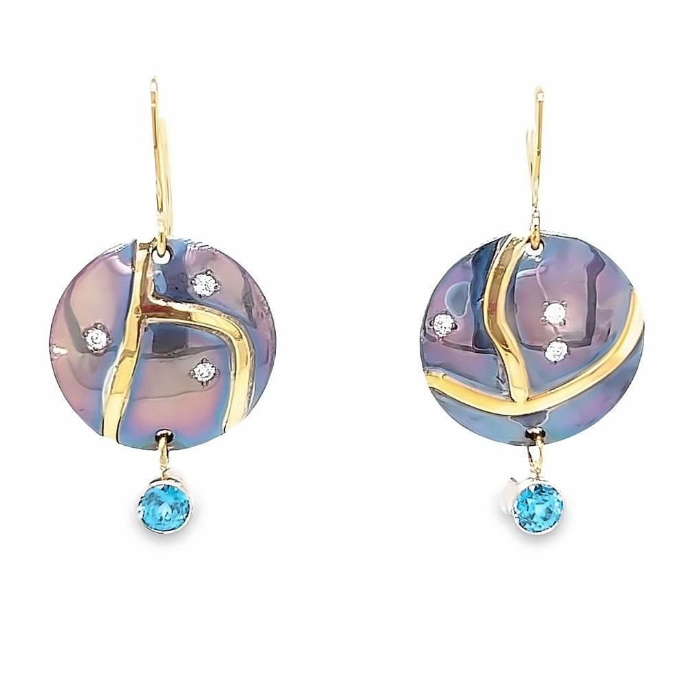 Oxidized Sterling Silver and 18k Yellow Gold Blue Zircon Pathways Earrings by Paul Richter (2.38ctw.)