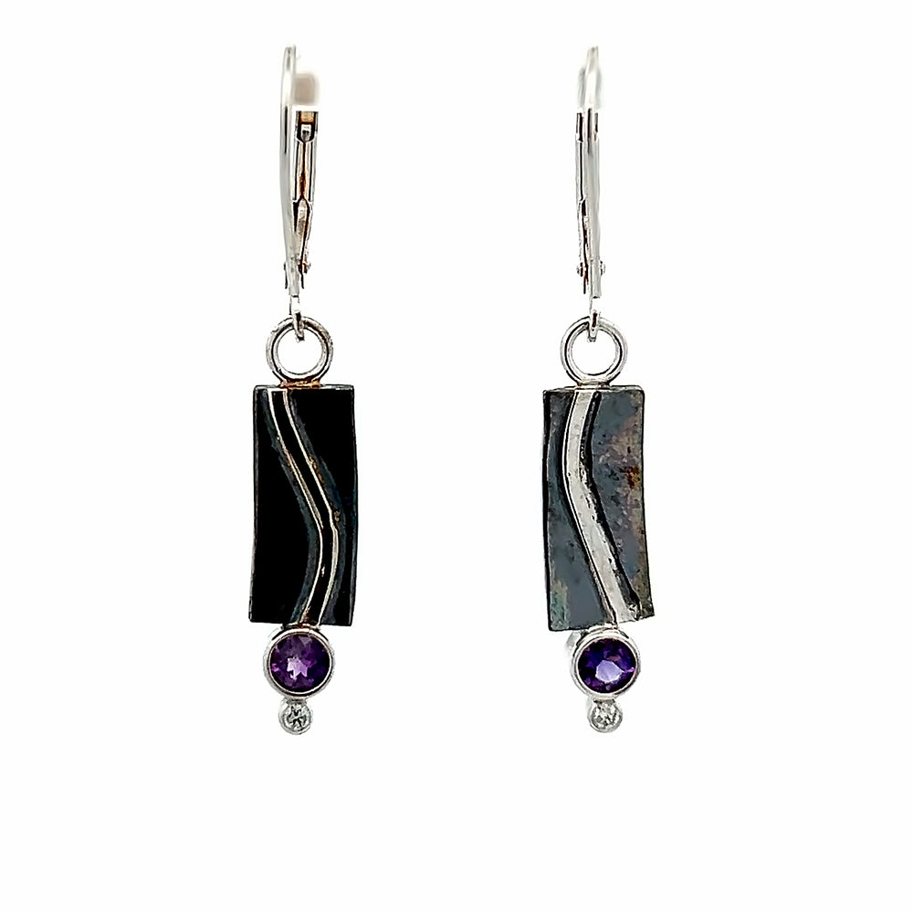 Oxidized Sterling Silver and 14k White Gold Amethyst and Diamond Pathways Earrings by Paul Richter (0.40ctw.)