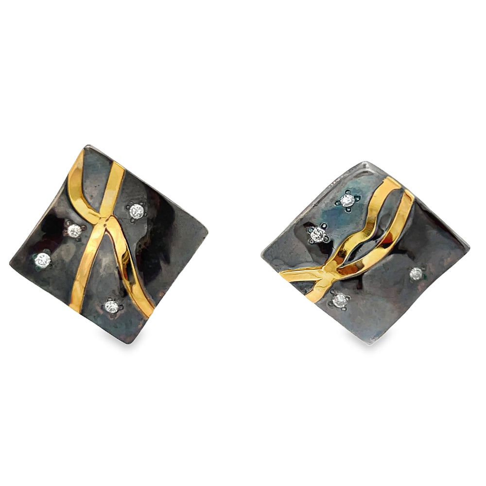 Oxidized Sterling Silver and 18k Yellow Gold Diamond Pathways Earrings by Paul Richter (0.11ctw.)