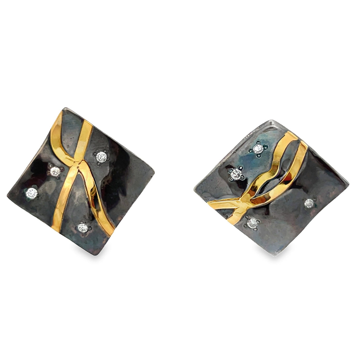 Oxidized Sterling Silver and 18k Yellow Gold Diamond Pathways Earrings by Paul Richter (0.11ctw.)