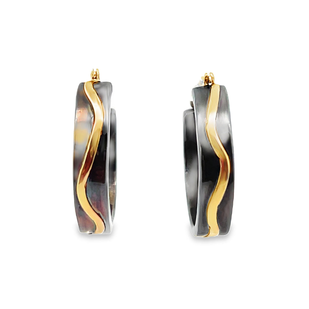 Oxidized Sterling Silver and 14k Yellow Gold Pathways Hoop Earrings by Paul Richter