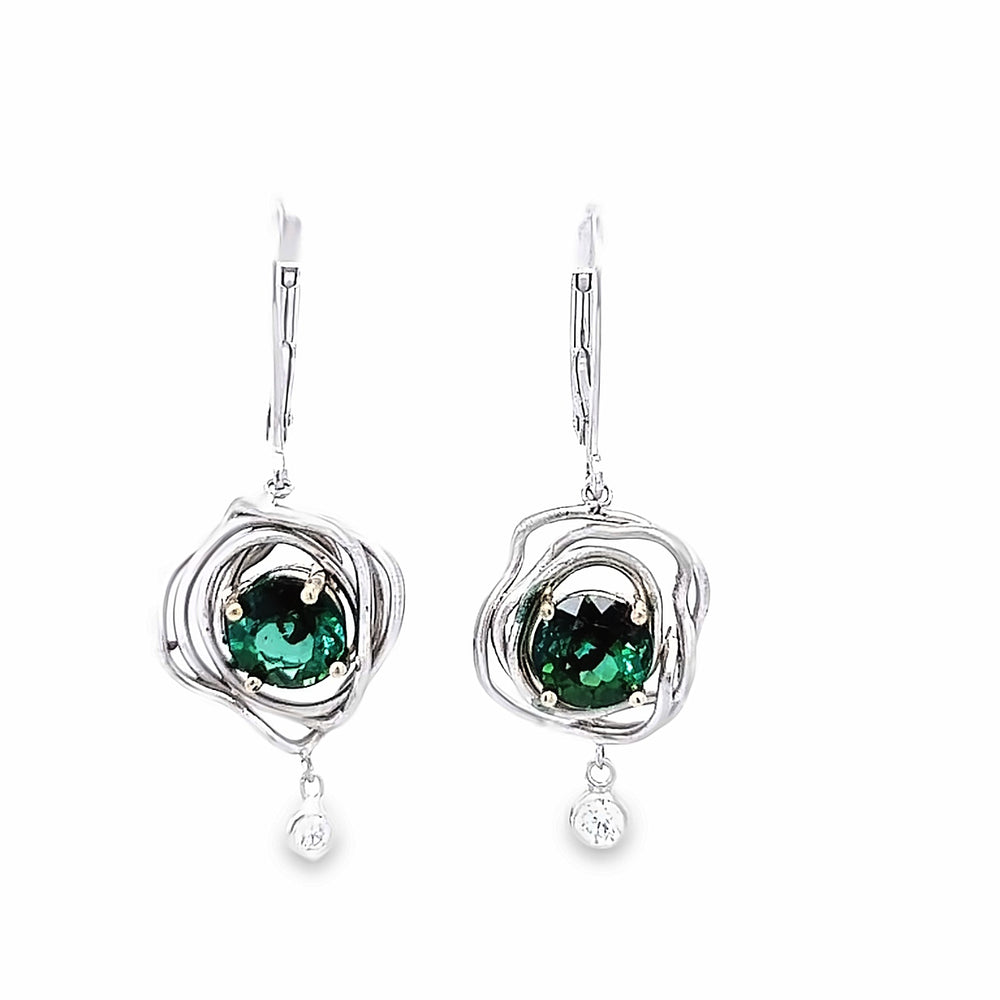 14k White Gold Round Tourmaline and Diamond Vines Earrings by Paul Richter (2.32ctw.)
