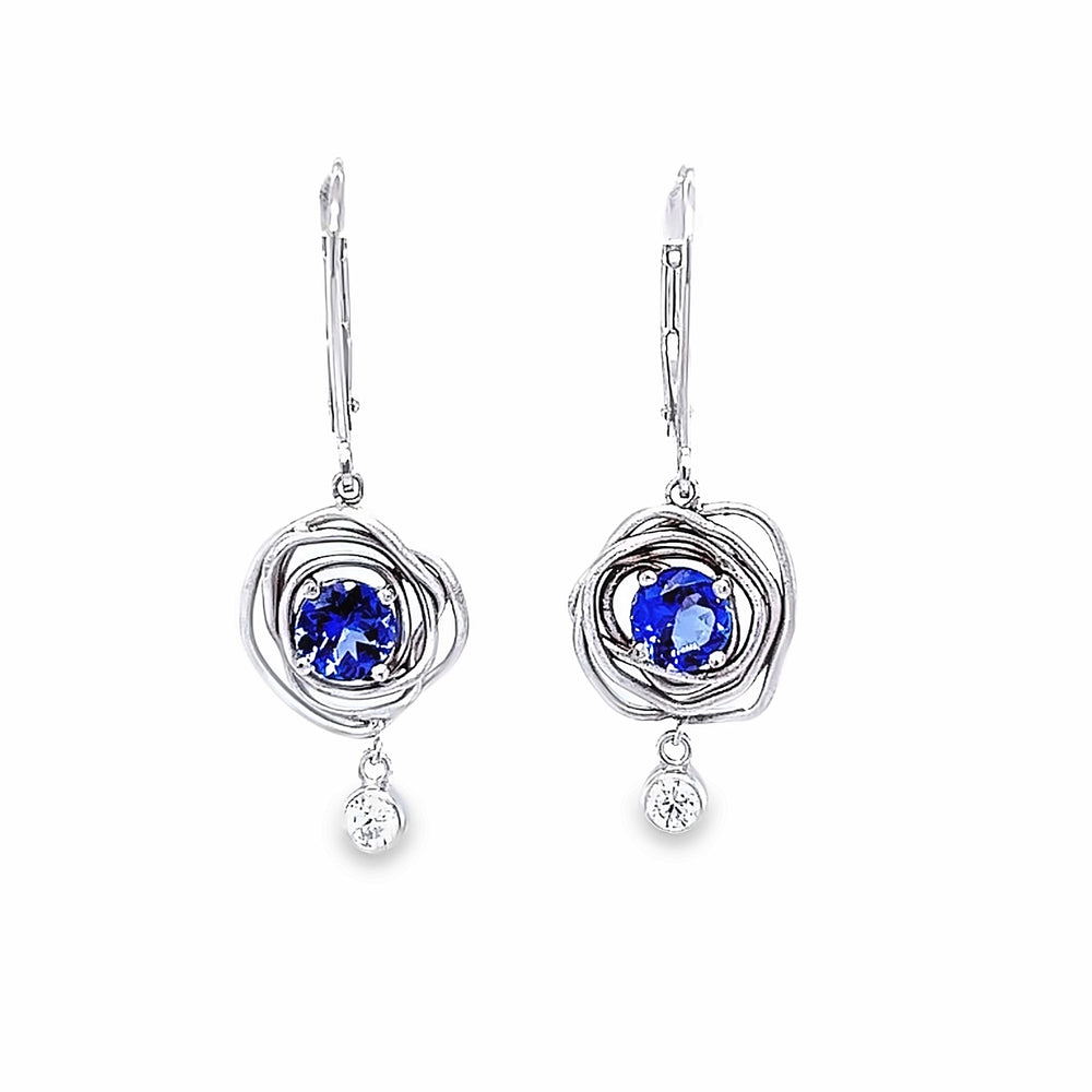 14k White Gold Round Tanzanite and Diamond Vines Earrings by Paul Richter (1.14ctw.)