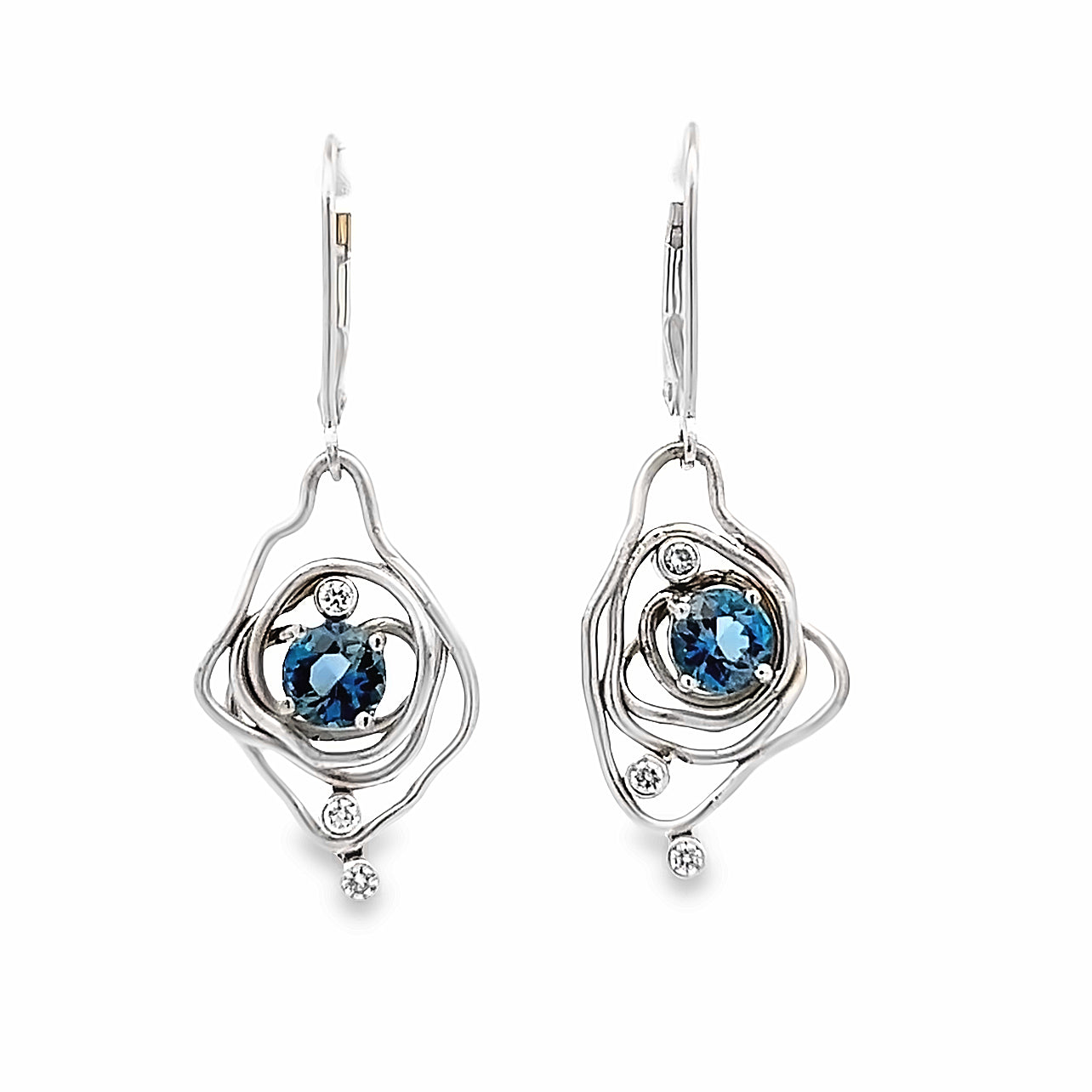 14k White Gold Round Aquamarine and Diamond Vines Earrings by Paul Richter (0.86ctw.)