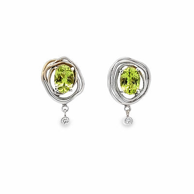 14k White Gold Oval Peridot and Diamond Vines Earrings by Paul Richter (1.56ctw.)