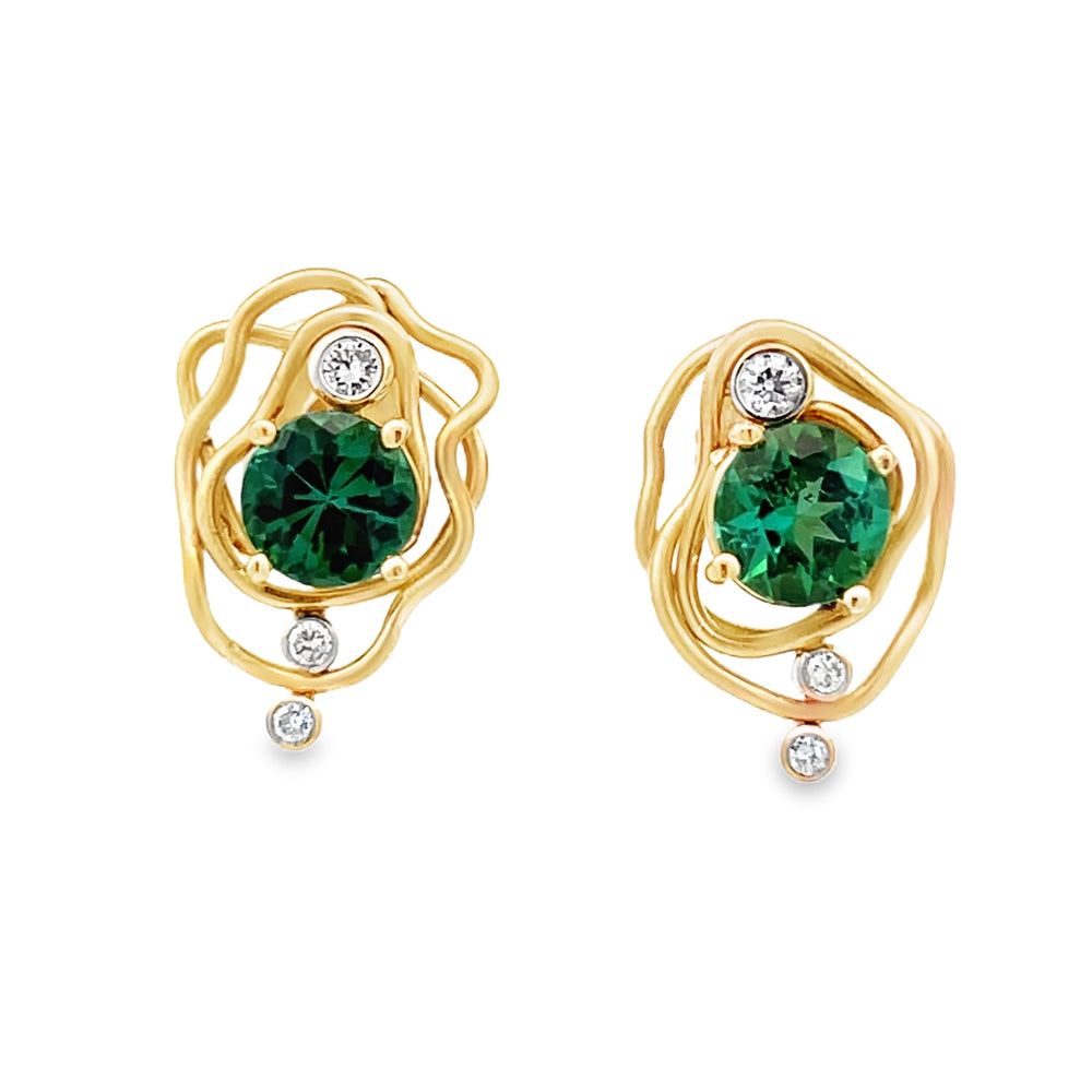 14k Yellow Gold Round Green Tourmaline and Diamond Vines Earrings by Paul Richter (1.68ctw.)
