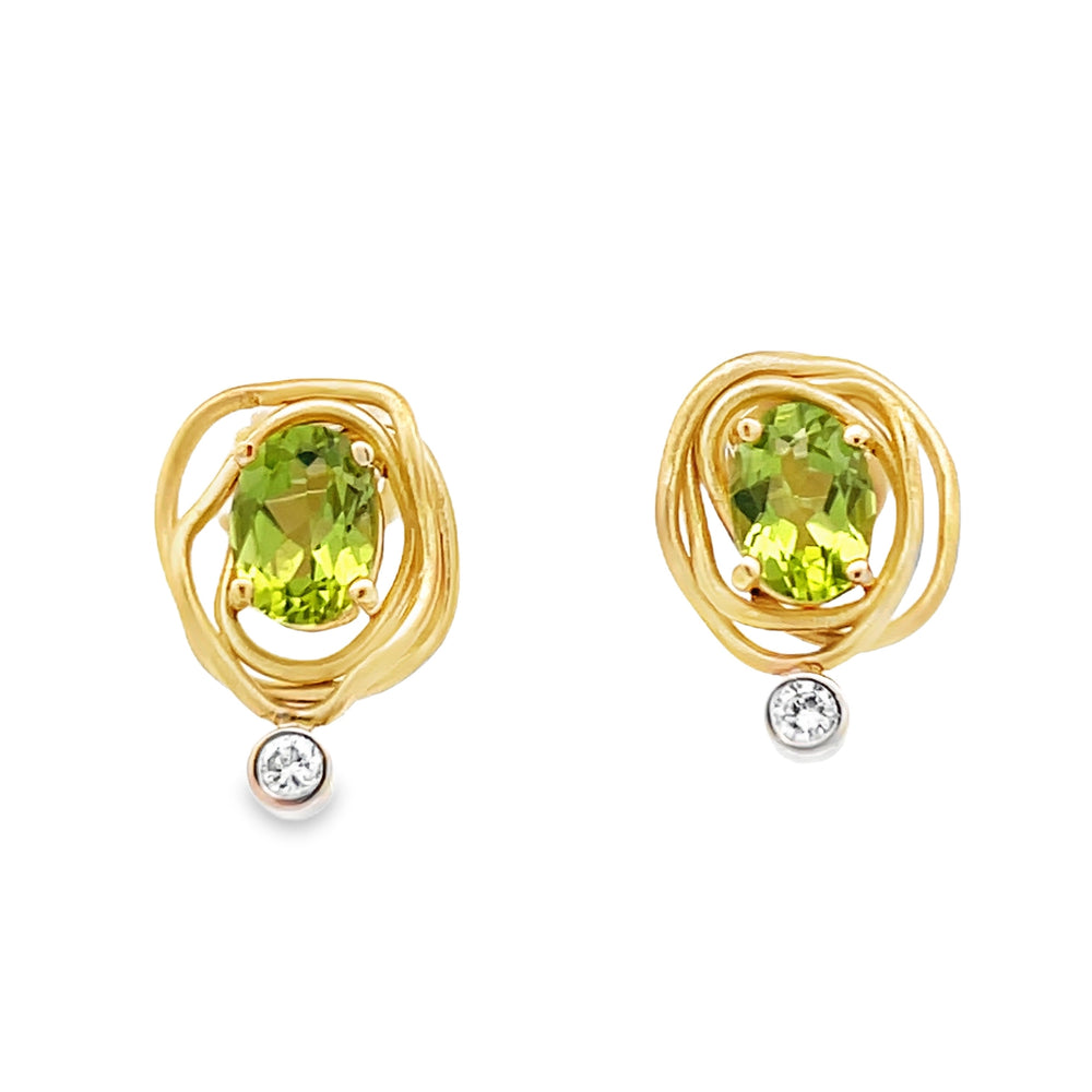 14k Yellow Gold Oval Peridot and Round Diamond Vines Earrings by Paul Richter (1.62ctw.)