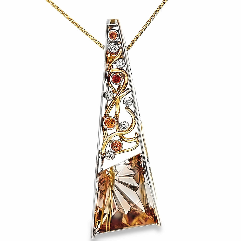 14k White and Yellow Gold Rutilated Quartz, Padparadscha Sapphire and Diamond Racine Pendant by Paul Richter (20.98ct.)