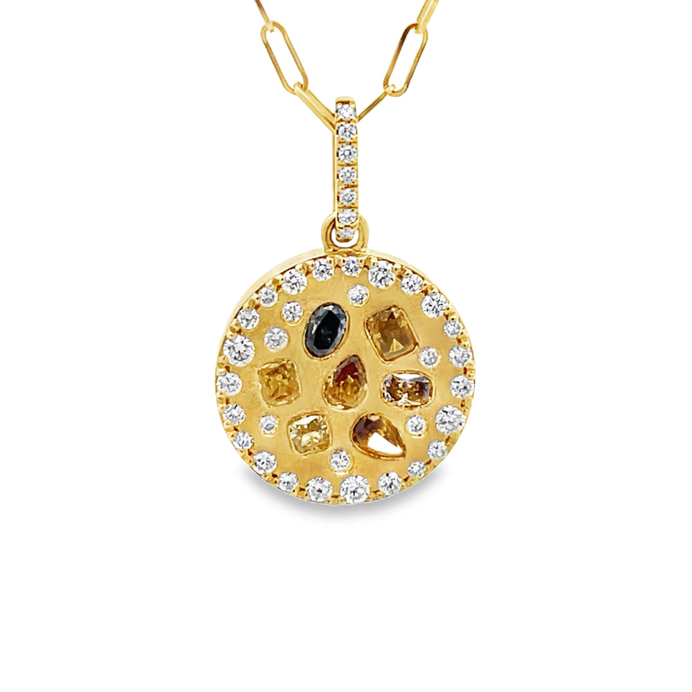 18k Yellow Gold Fancy Mixed Cut Desert and White Diamond Disc Pendant and Chain (0.66ctw.)