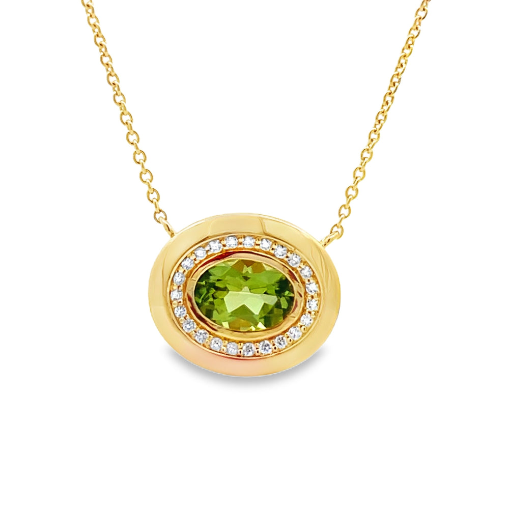 18k Yellow Gold Oval Peridot and Round Diamond Halo Pendant (0.93ct.)