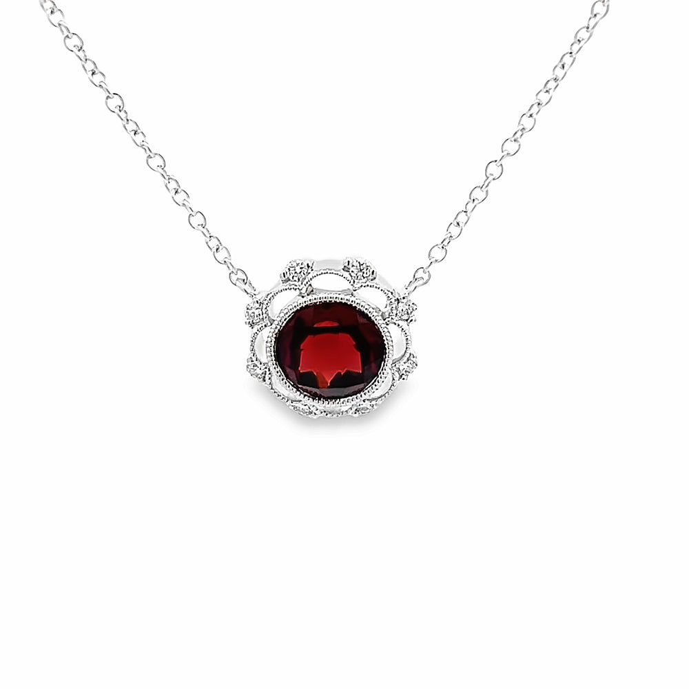 14k White Gold Round Garnet and Diamond Halo Pendant and Chain (1.72ct.)