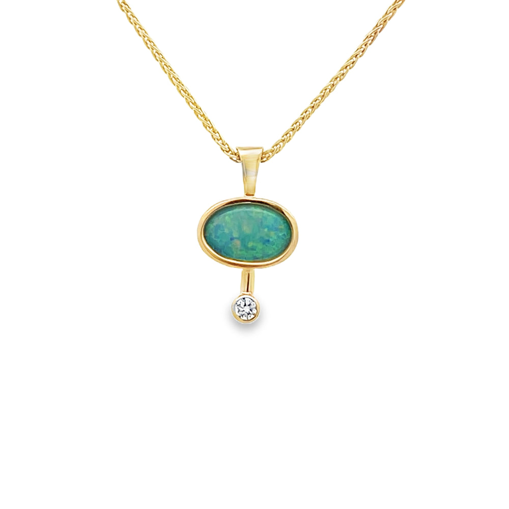 14k Yellow Gold Oval Opal and Diamond Bezel Set Pendant (0.97ct.)