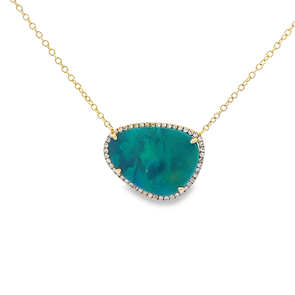 14k Yellow Gold Triangular Opal and Round Diamond Halo Pendant and Chain (1.86ct.)