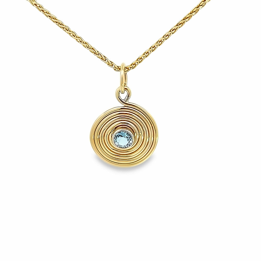 14k Yellow Gold Round Aquamarine Solar Bezel Set Pendant by Paul Richter (0.18ct.)