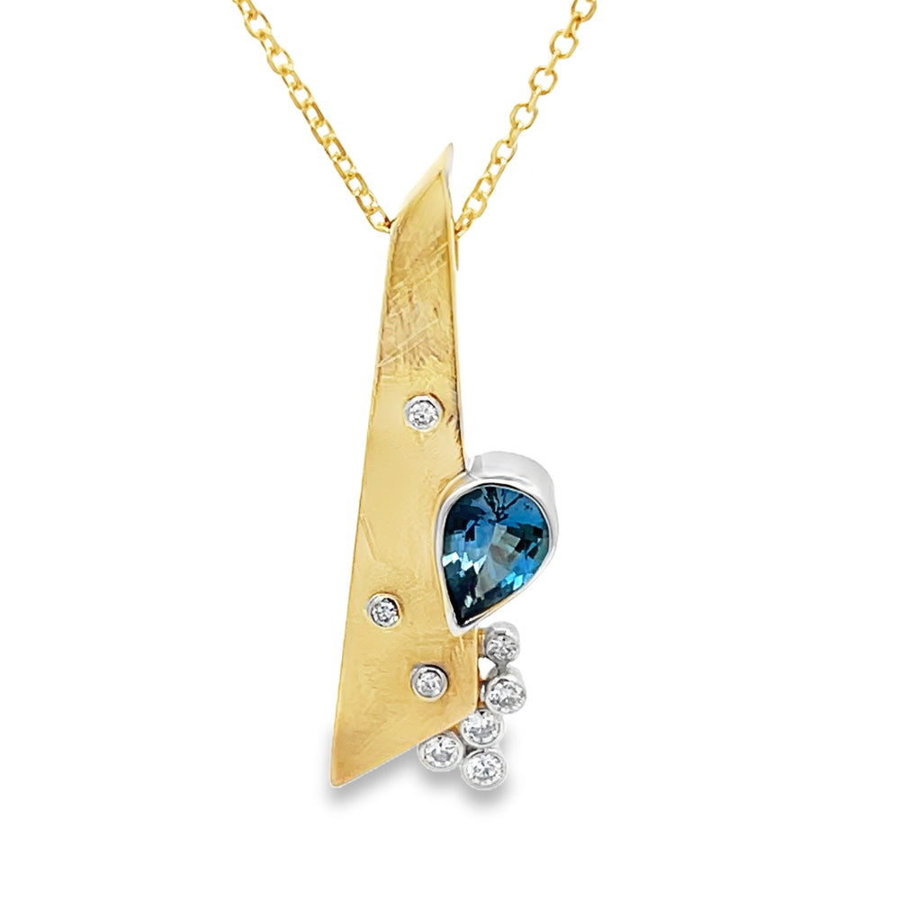 14k Two Tone Gold Yellow and White Gold Pear Shape Aquamarine and Round Diamond Pendant by Paul Richter (1.39ct.)