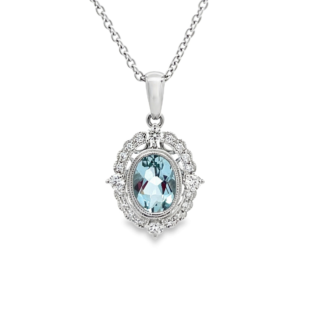 14k White Gold Oval Aquamarine and Round Diamond Halo Pendant (0.68ct.)