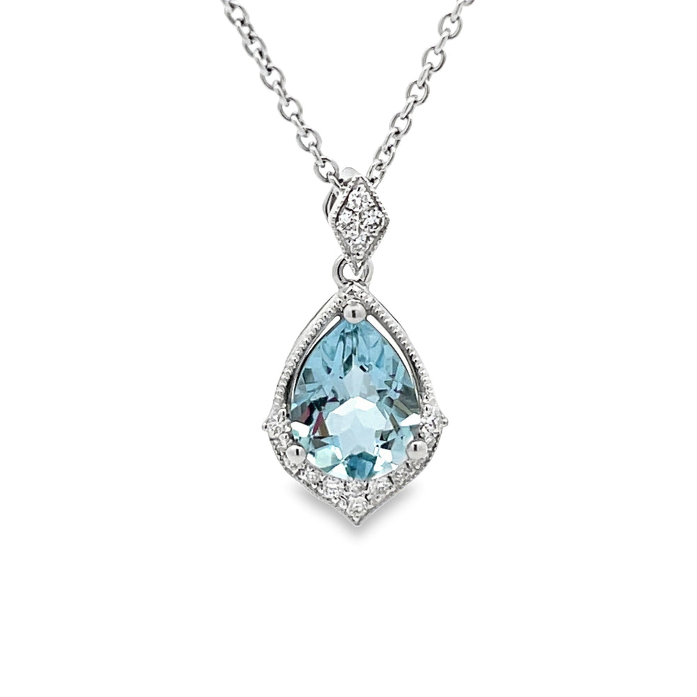 14k White Gold Pear Shape Aquamarine and Round Diamond Drop Pendant (0.88ct.)