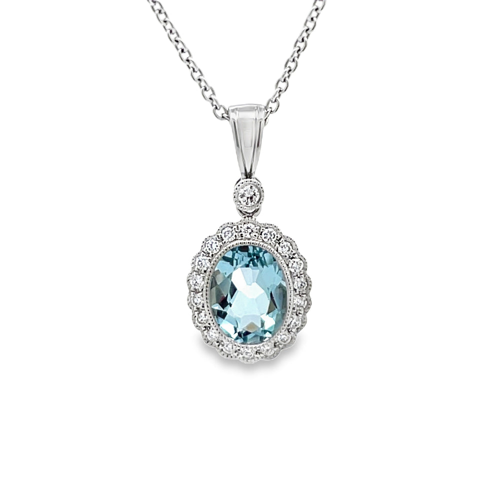 14k White Gold Oval Aquamarine and Round Diamond Halo Pendant (1.07ct.)