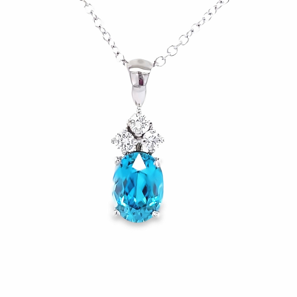 14k White Gold Oval Blue Zircon and Diamond Pendant (3.65ct.)