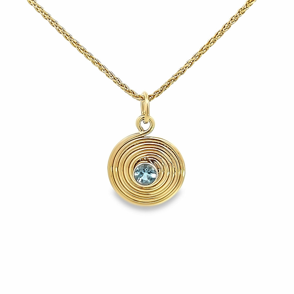 14k Yellow Gold Round Blue Zircon Solar Pendant by Paul Richter (0.20ct.)
