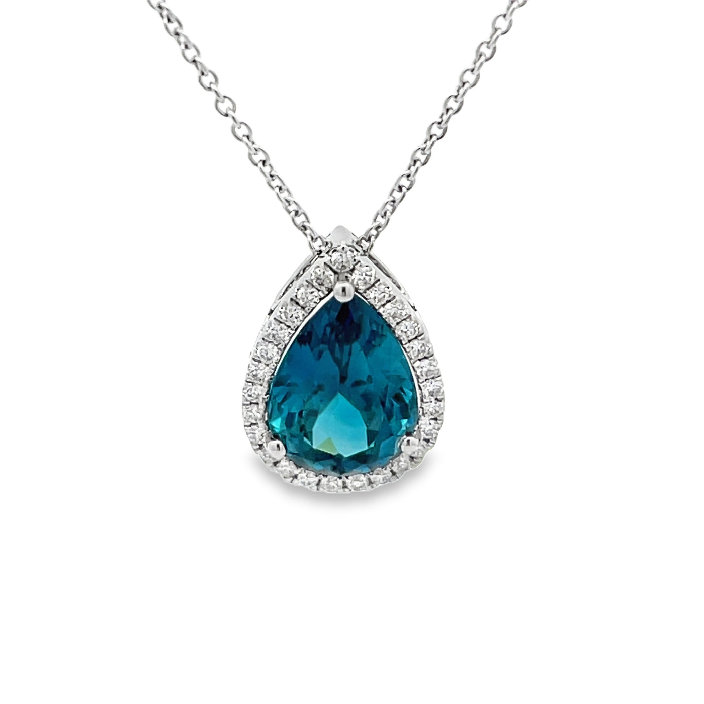 18k White Gold Pear Shape Blue Zircon and Round Diamond Halo Pendant (5.66ct.)