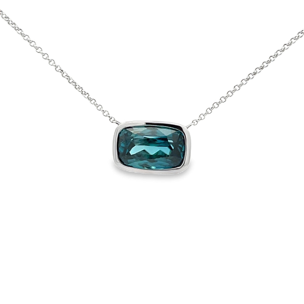 18k White Gold Elongated Cushion Cut Bezel Set Pendant and Chain (5.52ct.)